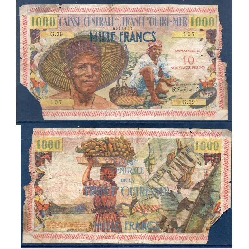 Guadeloupe P.43, Billet de 10 nouveaux francs sur 1000 francs 1960 pecheur Guadeloupe P.43, Billet de 10 nouveaux francs sur 1000 francs 1960 pecheur