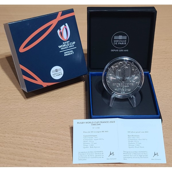 Pièce 10€ BE argent 2022 Emblème Rugby World Cup, France 2023, Belle Epreuve