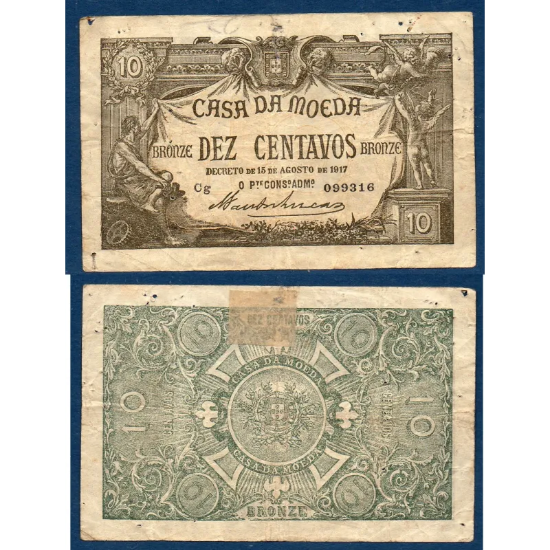 Portugal P.93, TB Billet de 10 centavos bronze 1917 case de Moeda Portugal P.93, TB Billet de 10 centavos bronze 1917 case de Moeda