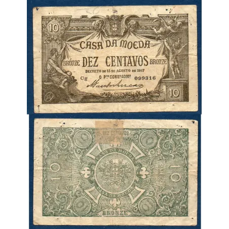 Portugal P.93, TB Billet de 10 centavos bronze 1917 case de Moeda