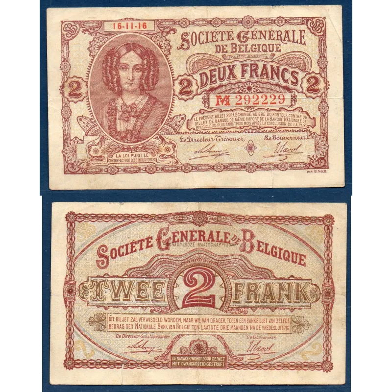 Belgique P.87, TTB Billet de 2 francs 1916 Société générale Belgique P.87, TTB Billet de 2 francs 1916 Société générale