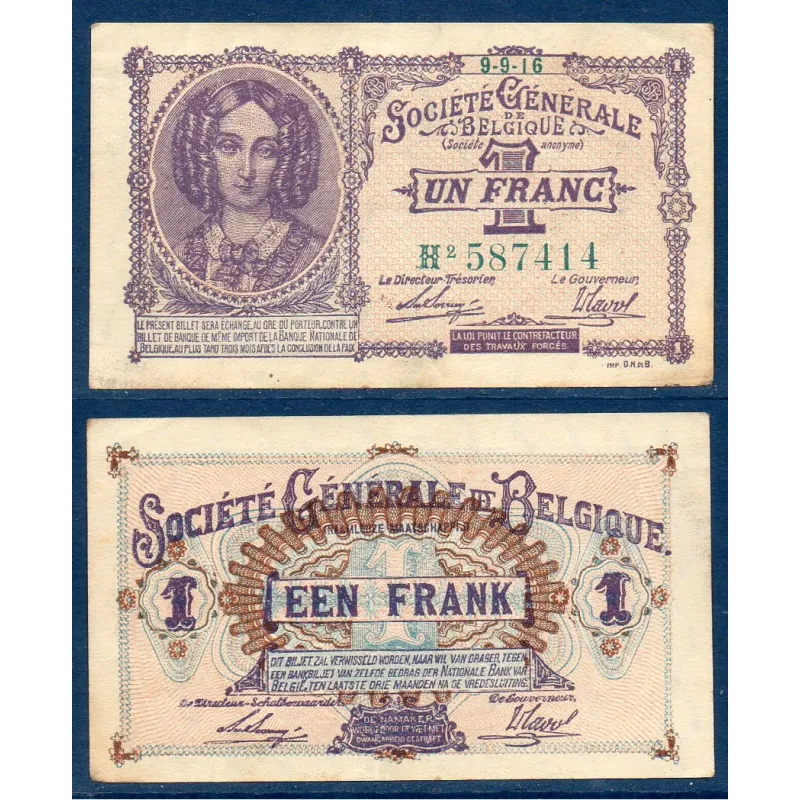 Belgique P.86b, Sup Billet de 1 franc 1916-1918 Société générale Belgique P.86b, Sup Billet de 1 franc 1916-1918 Société générale