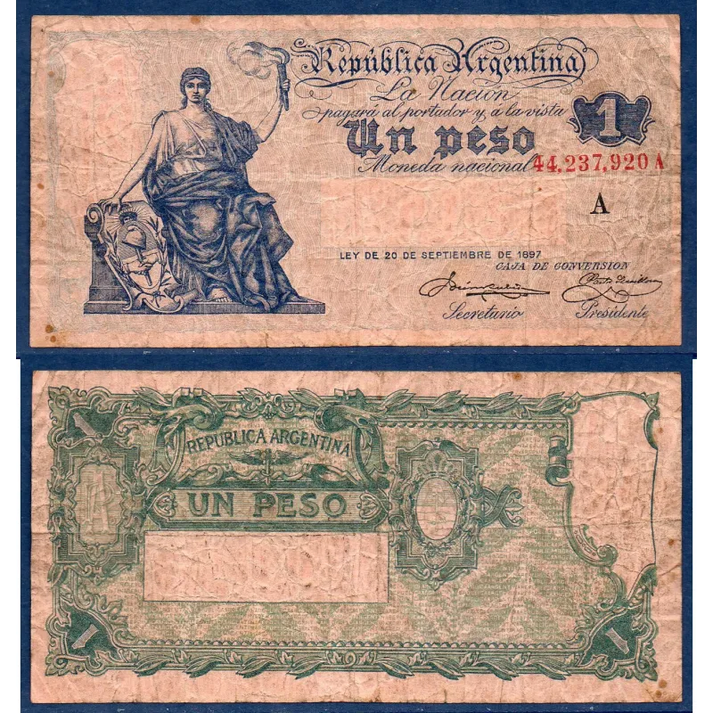 Argentine P.243, B Billet de 1 peso 1918-1921 Progreso Argentine P.243, B Billet de 1 peso 1918-1921 Progreso