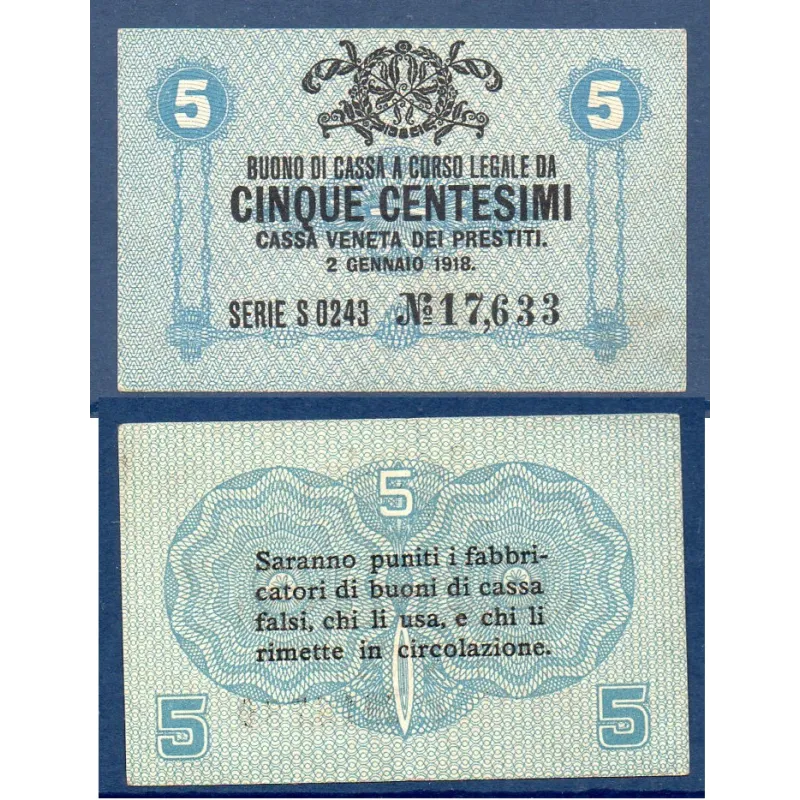 Italie P.M1, Sup Billet de 5 centesimi 1918 Armoiries Italie P.M1, Sup Billet de 5 centesimi 1918 Armoiries