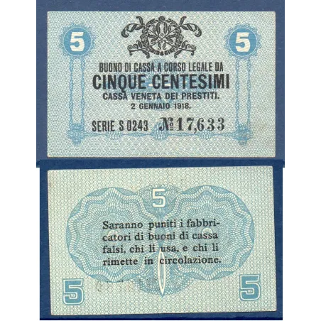 Italie P.M1, Sup Billet de 5 centesimi  1918 Armoiries