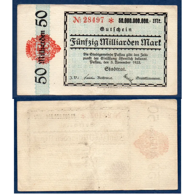 Passau Gross Notgeld TTB 50 Milliards mark, 1923 Passau Gross Notgeld TTB 50 Milliards mark, 1923