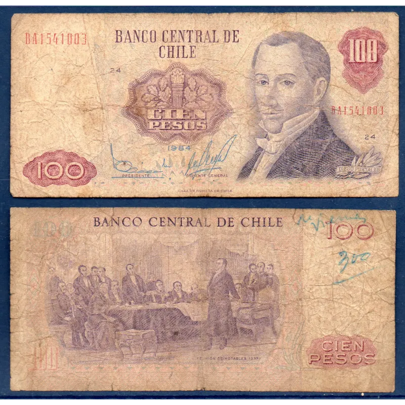 Chili P.152b, B Billet de 100 Pesos 1976-1984 Diego Portales Chili P.152b, B Billet de 100 Pesos 1976-1984 Diego Portales