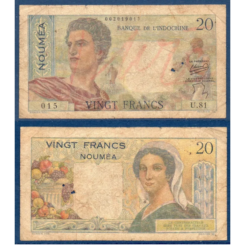 Nouvelle Calédonie P.50b, B- Billet de 20 Francs 1951-1963 Flutiste Nouvelle Calédonie P.50b, B- Billet de 20 Francs 1951-1963 Flutiste
