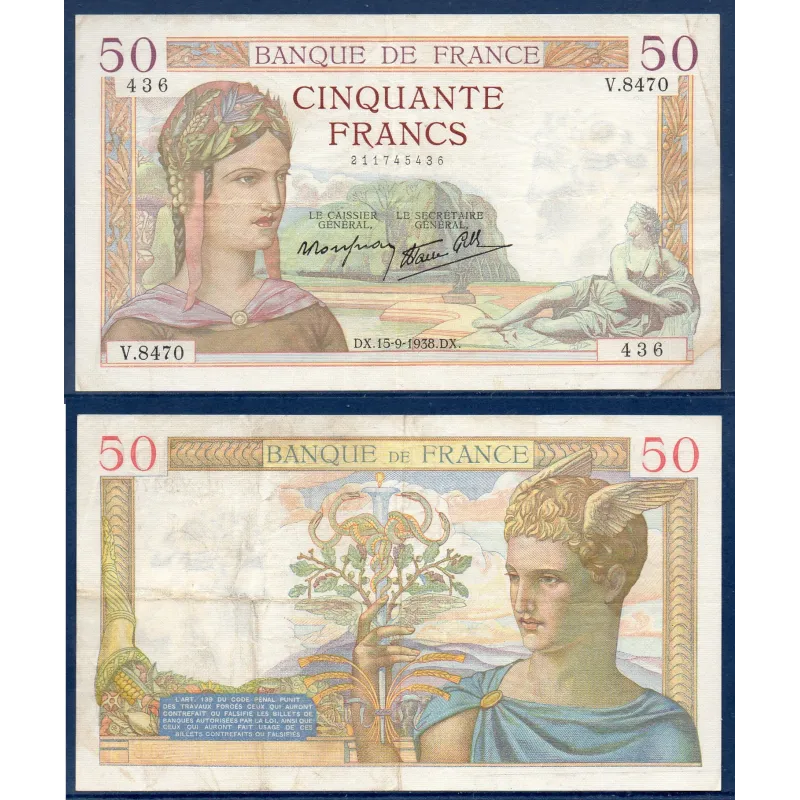 50 Francs Cérès, TTB-, 15.9.1938 Billet de la banque de France