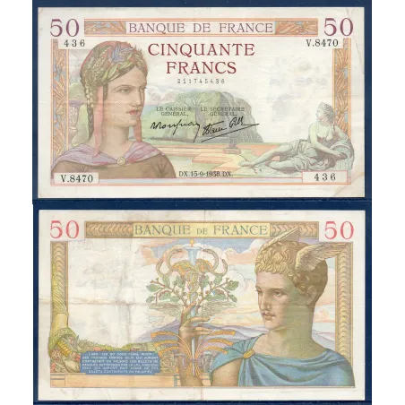 50 Francs Cérès, TTB-, 15.9.1938 Billet de la banque de France