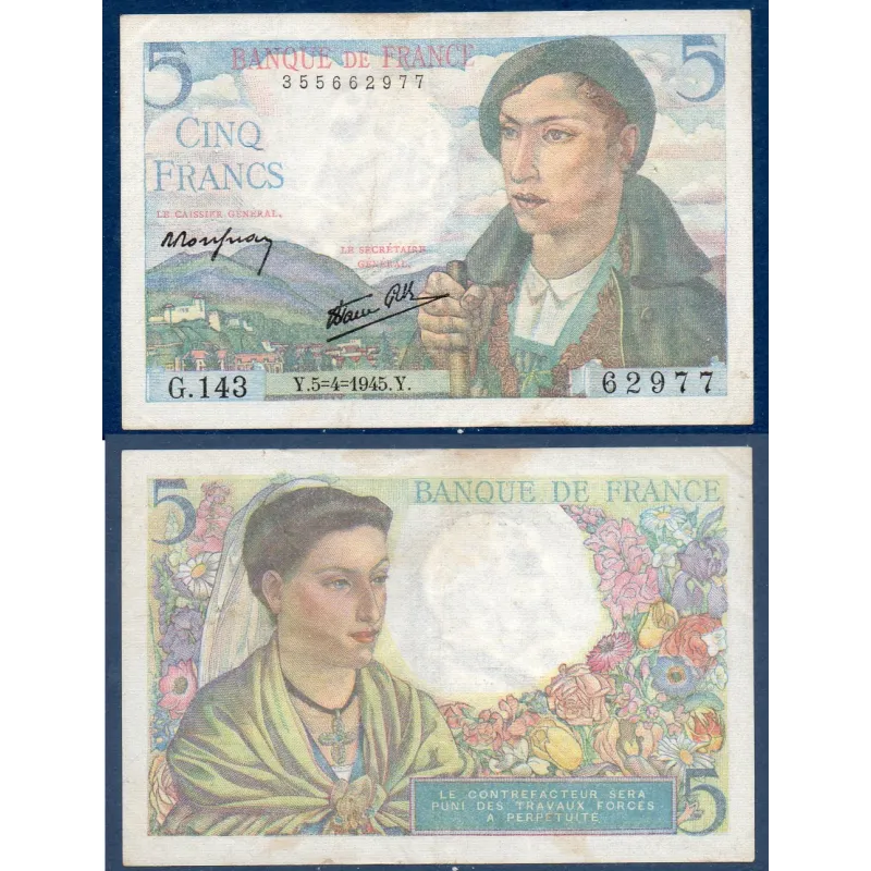 5 Francs Berger, TB, 5.4.1945 Billet de la banque de France 5 Francs Berger, TB, 5.4.1945 Billet de la banque de France