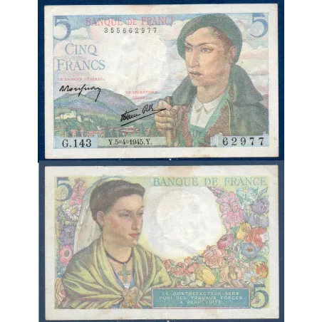 5 Francs Berger, TB, 5.4.1945 Billet de la banque de France