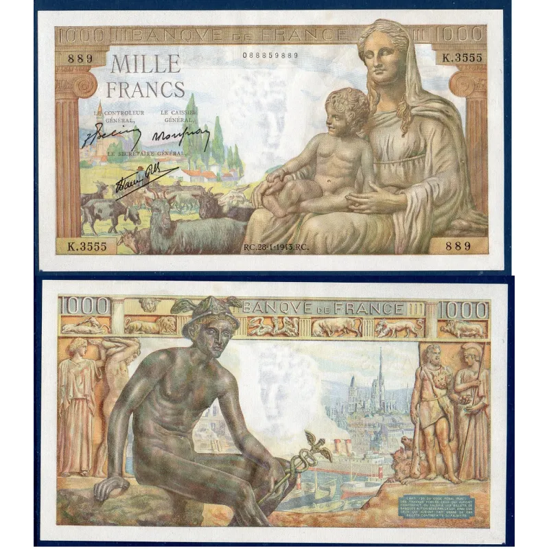 1000 Francs Déméter, TTB+, 28.1.1943 Billet de la banque de France 1000 Francs Déméter, TTB+, 28.1.1943 Billet de la banque de France