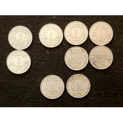 Lot complet des 22 pièces de 1 franc Morlon aluminium 1941-1958