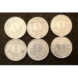 Lot complet des 22 pièces de 1 franc Morlon aluminium 1941-1958
