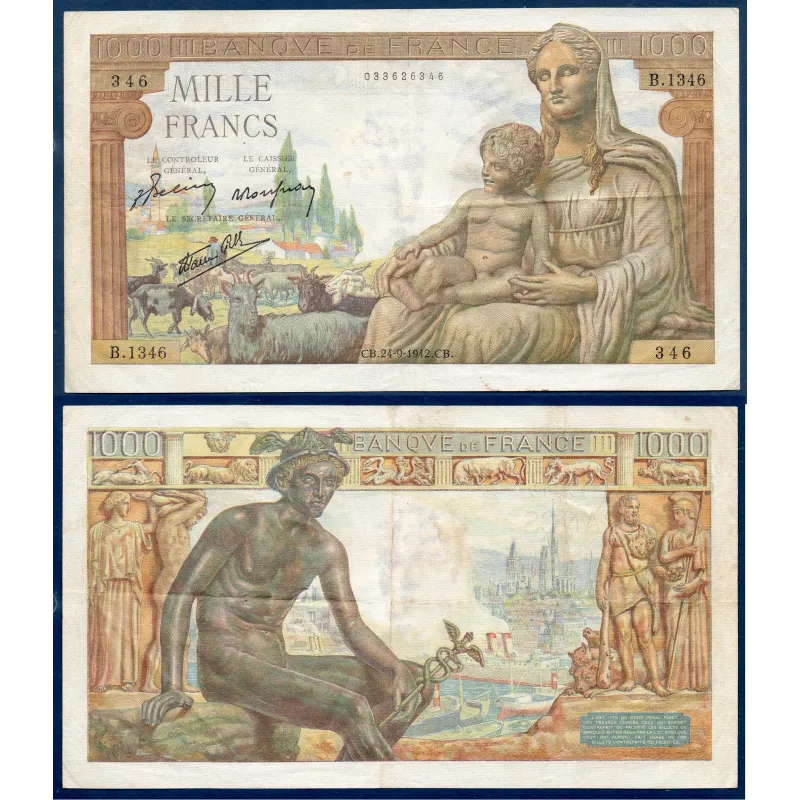 1000 Francs Déméter, TB+, 24.9.1942 Billet de la banque de France 1000 Francs Déméter, TB+, 24.9.1942 Billet de la banque de France