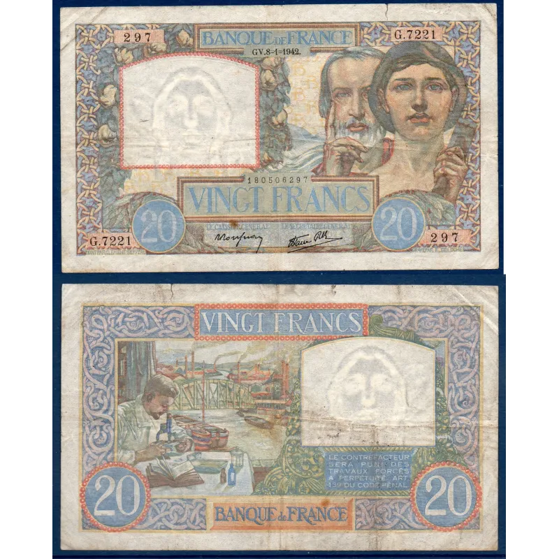 20 Francs Science et Travail, B+, 8.1.1942 Billet de la banque de France 20 Francs Science et Travail, B+, 8.1.1942 Billet de la banque de France