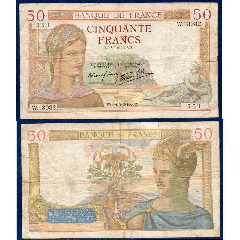 50 Francs Cérès, B, 14.3.1940 Billet de la banque de France 50 Francs Cérès, B, 14.3.1940 Billet de la banque de France