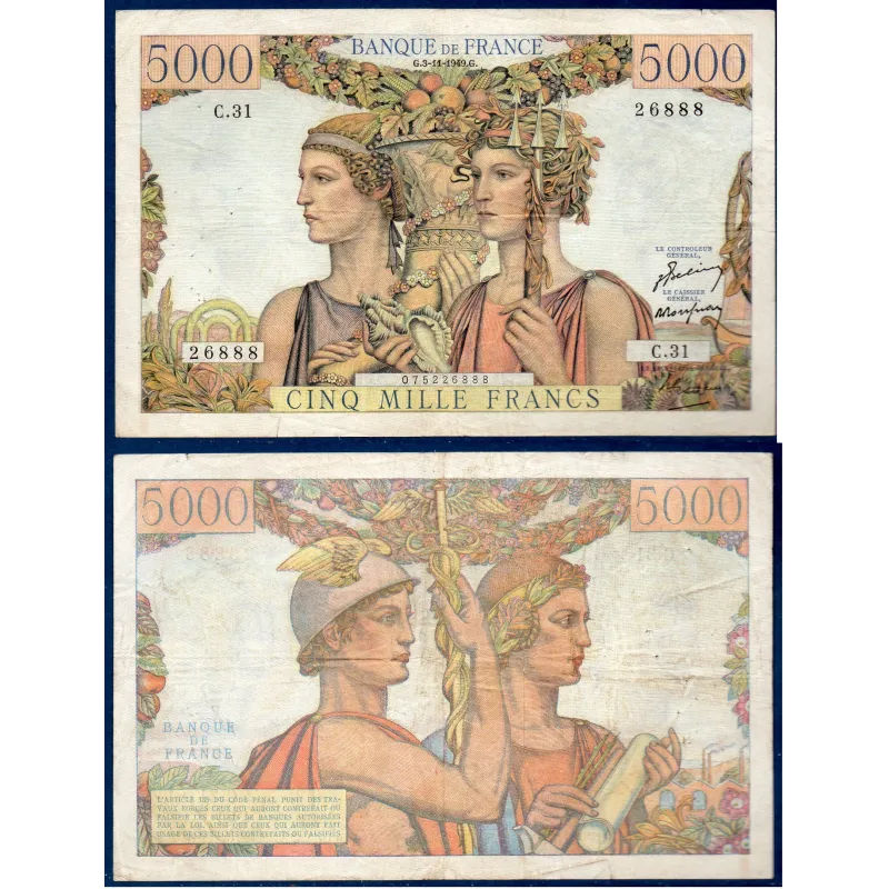5000 Francs Terre et Mer, TB+, 3.11.1949 Billet de la banque de France 5000 Francs Terre et Mer, TB+, 3.11.1949 Billet de la banque de France