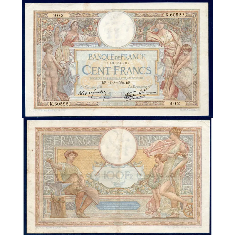 100 Francs LOM, TTB-, 11.8.1938 Billet de la banque de France 100 Francs LOM, TTB-, 11.8.1938 Billet de la banque de France