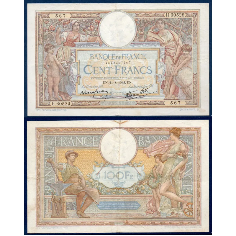 100 Francs LOM, TTB-, 11.8.1938 Billet de la banque de France 100 Francs LOM, TTB-, 11.8.1938 Billet de la banque de France