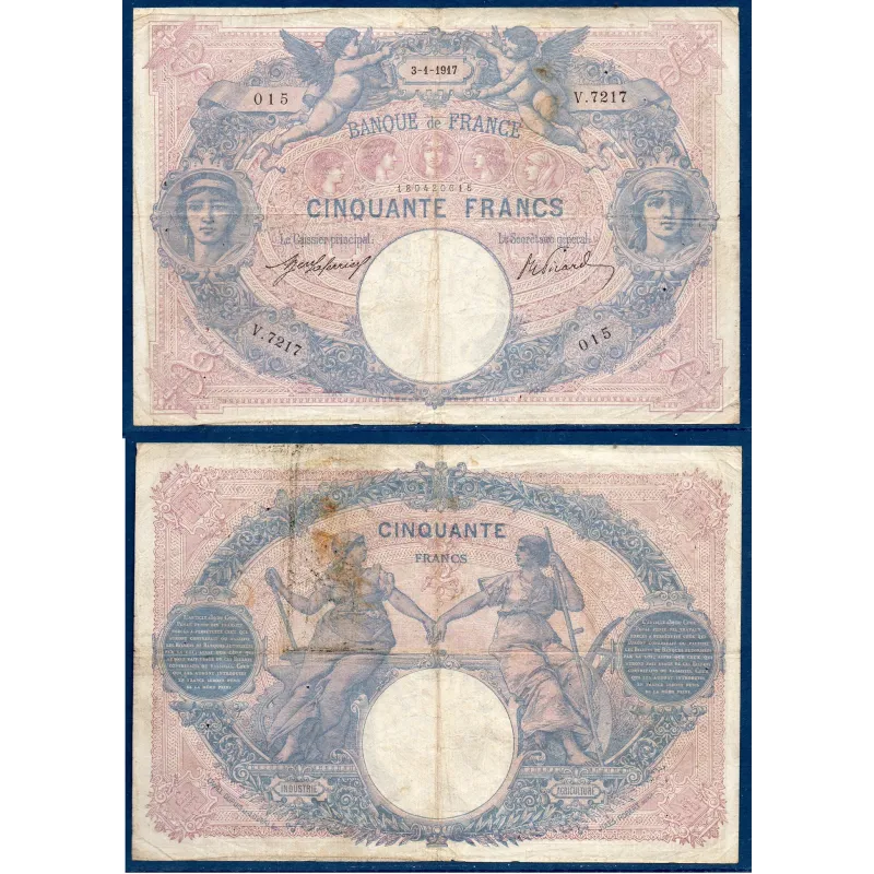 50 Francs Bleu et Rose, TB-, 3.1.1917 Billet de la banque de France 50 Francs Bleu et Rose, TB-, 3.1.1917 Billet de la banque de France