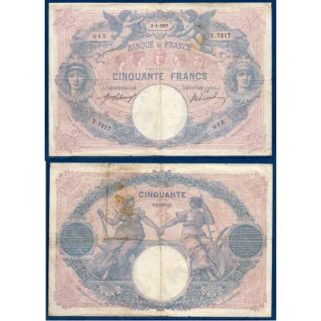 50 Francs Bleu et Rose, TB-, 3.1.1917 Billet de la banque de France