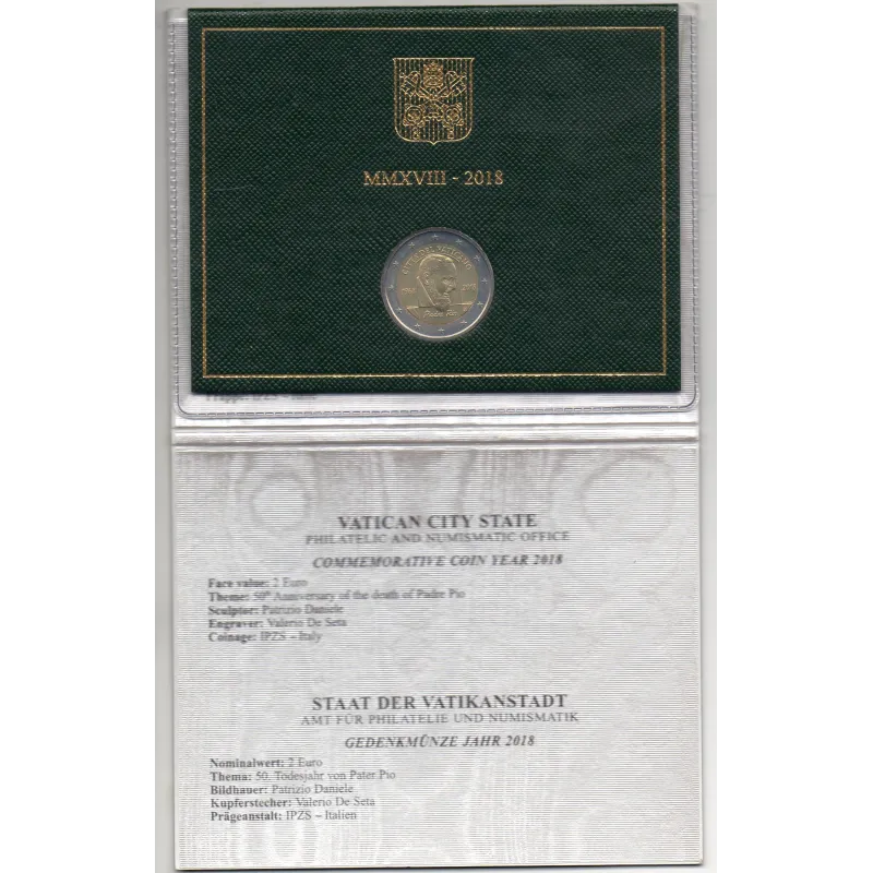2 euros commémorative Vatican 2018 50 ans de la mort de Padre Pio piece de monnaie € 2 euros commémorative Vatican 2018 50 ans de la mort de Padre Pio piece de monnaie €