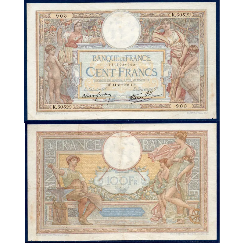 100 Francs LOM, TTB-, 11.8.1938 Billet de la banque de France 100 Francs LOM, TTB-, 11.8.1938 Billet de la banque de France