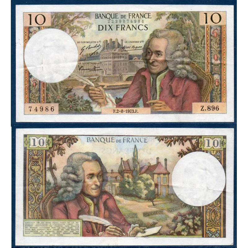 10 Francs Voltaire, TTB, 2.8.1973 Billet de la banque de France 10 Francs Voltaire, TTB, 2.8.1973 Billet de la banque de France