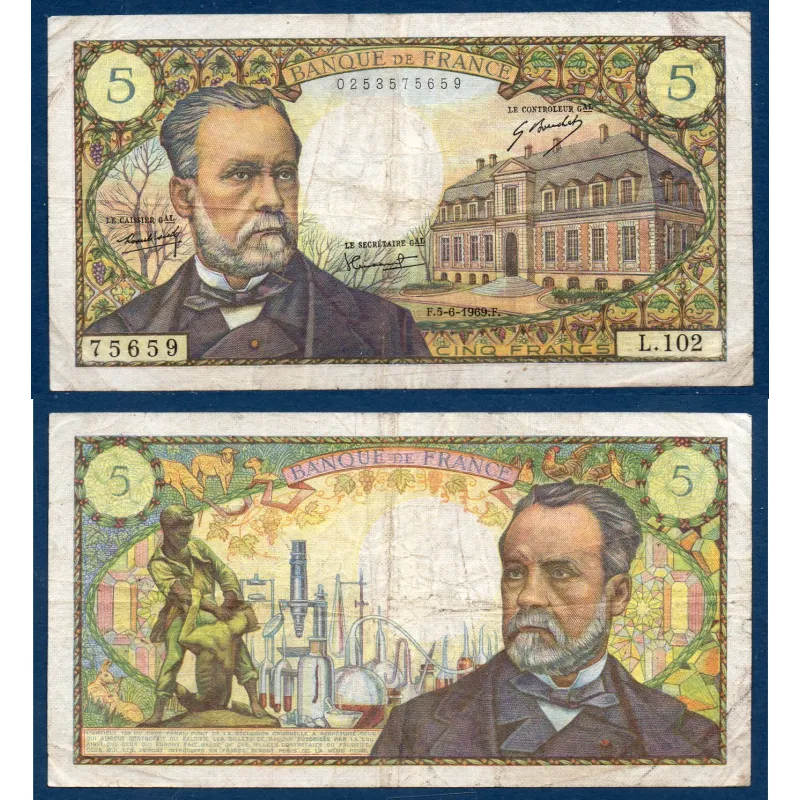 5 Francs Pasteur, TB-, 5.6.1969 Billet de la banque de France 5 Francs Pasteur, TB-, 5.6.1969 Billet de la banque de France