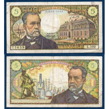 5 Francs Pasteur, TB-, 5.6.1969 Billet de la banque de France