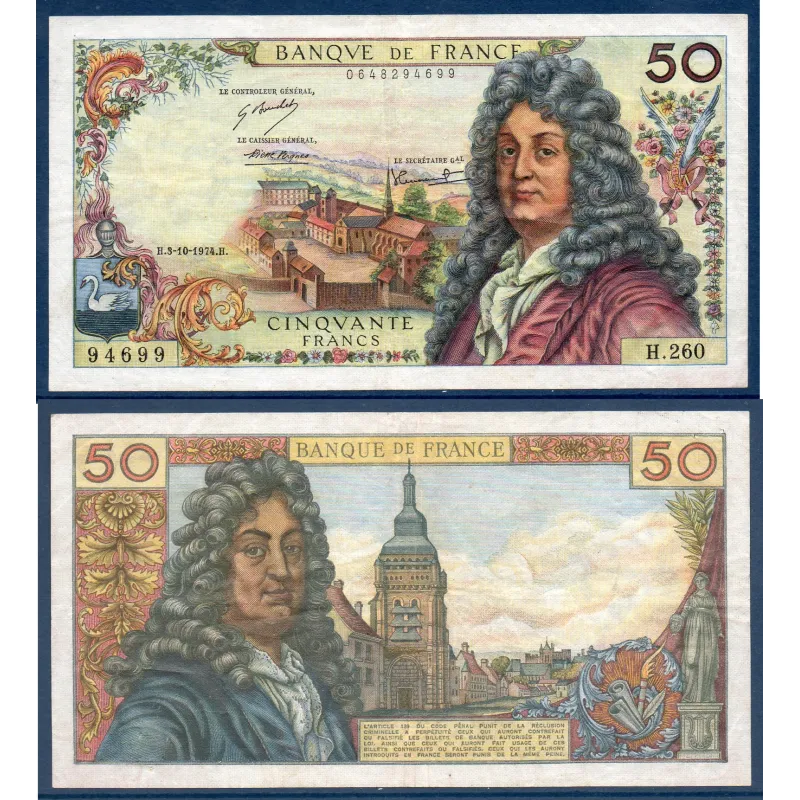 50 Francs Racine, TTB-, 3.10.1974 Billet de la banque de France 50 Francs Racine, TTB-, 3.10.1974 Billet de la banque de France