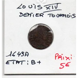 Denier tournois 1649 A Paris B+ Louis XIV pièce de monnaie royale