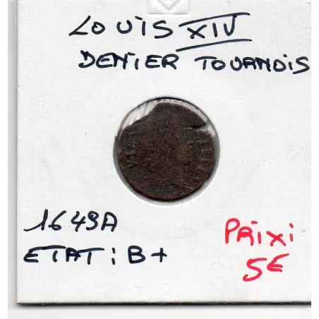 Denier tournois 1649 A Paris B+ Louis XIV pièce de monnaie royale