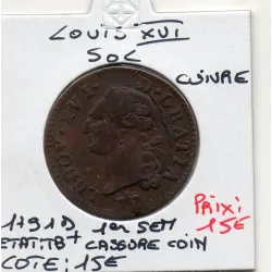 Sol 1791 D Lyon 1er semestre cuivre Louis XVI pièce de monnaie royale