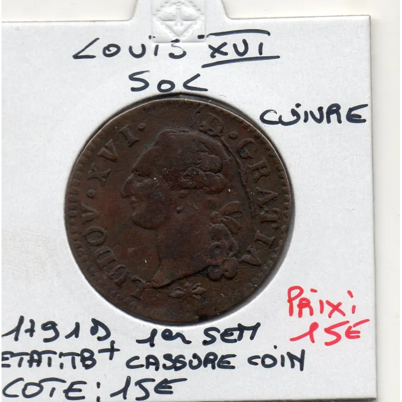 Sol 1791 D Lyon 1er semestre cuivre Louis XVI pièce de monnaie royale Sol 1791 D Lyon 1er semestre cuivre Louis XVI pièce de monnaie royale