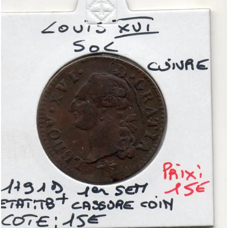 Sol 1791 D Lyon 1er semestre cuivre Louis XVI pièce de monnaie royale