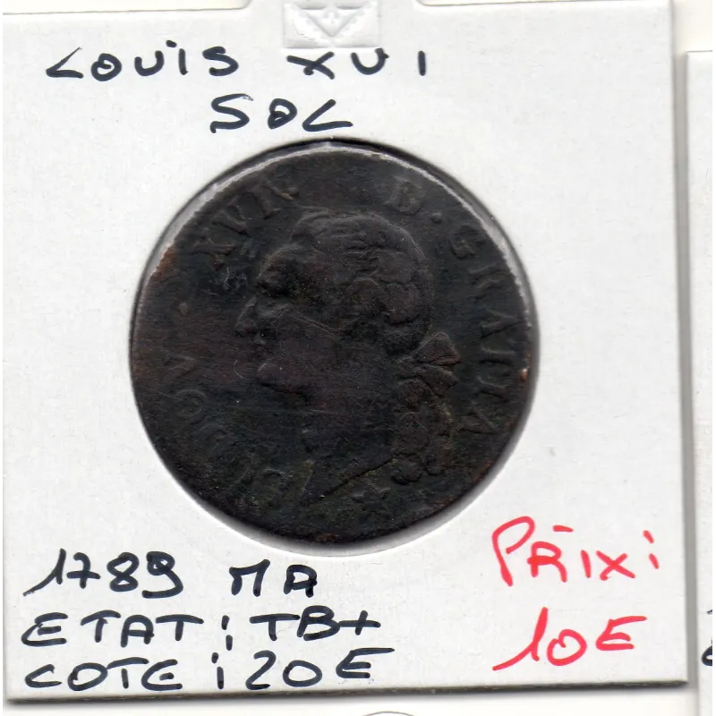 Sol 1789 MA Marseille TB+ Louis XVI pièce de monnaie royale Sol 1789 MA Marseille TB+ Louis XVI pièce de monnaie royale