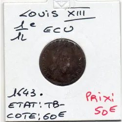 1/12 d'Ecu 1643 A Paris Point Louis XIII TB- 2eme Poincon de Warin pièce de monnaie royale