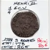 1/4 ou quart d'Ecu Croix de Face 1588 9 Rennes Henri III pièce de monnaie royale