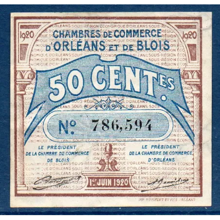 Orléans et Blois, 50 centimes, TTB, 1.6.1920 Pirot 96.1 Billet de la chambre de Commerce