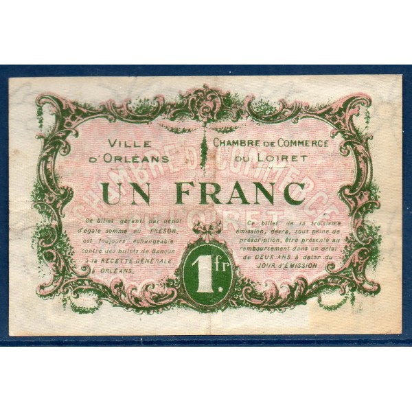 Orléans, 1 franc, TTB, 2.8.1917 Pirot 95.17 Billet de la chambre de Commerce