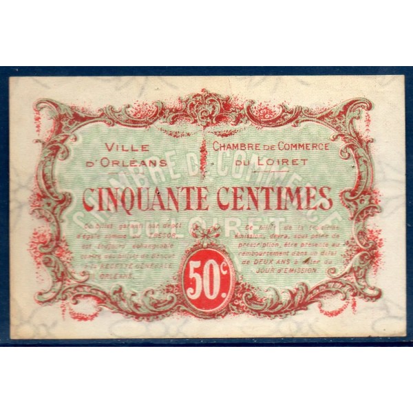 Orléans, 50 centimes, TTB, 2.8.1917 Pirot 95.16 Billet de la chambre de Commerce