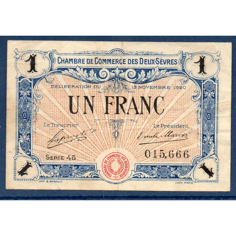 Niort 1 franc, TB+, 13.11.1920 Pirot 93.11 Billet de la chambre de Commerce