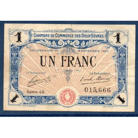 Niort 1 franc, TB+, 13.11.1920 Pirot 93.11 Billet de la chambre de Commerce
