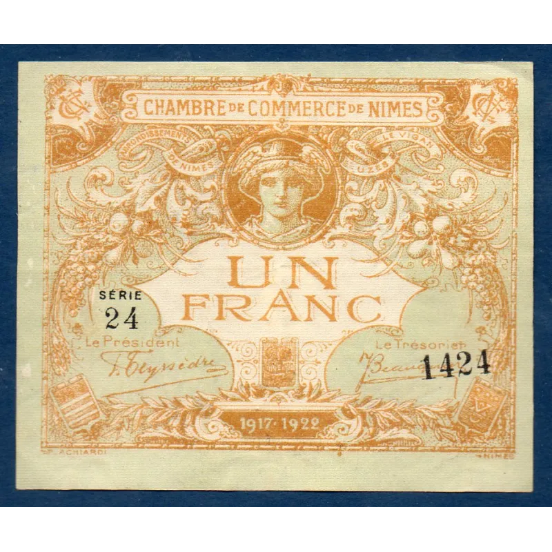 Nîmes 1 franc, TTB, ND Pirot 92.18 Billet de la chambre de Commerce Nîmes 1 franc, TTB, ND Pirot 92.18 Billet de la chambre de Commerce