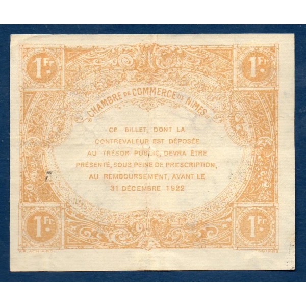 Nîmes 1 franc, TTB, ND Pirot 92.18 Billet de la chambre de Commerce
