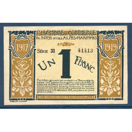 Nice 1 franc, Sup, 25.4.1917 Pirot 91.5 Billet de la chambre de Commerce