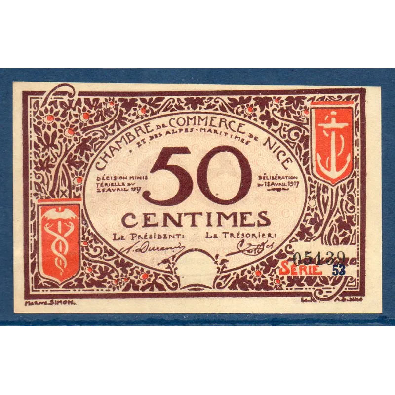 Nice 50 Centimes, Sup, 25.4.1917 Pirot 91.6 Billet de la chambre de Commerce Nice 50 Centimes, Sup, 25.4.1917 Pirot 91.6 Billet de la chambre de Commerce